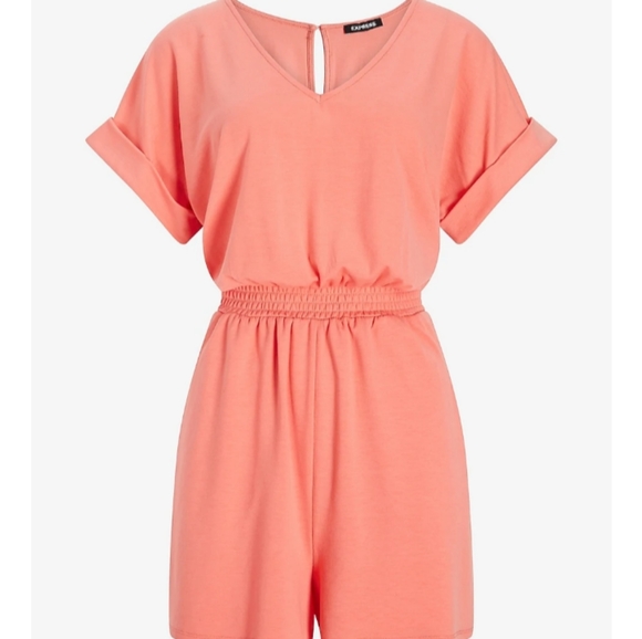 Express V-Neck Short Sleeve Lounge Romper, Coral Peach - Picture 3 of 6